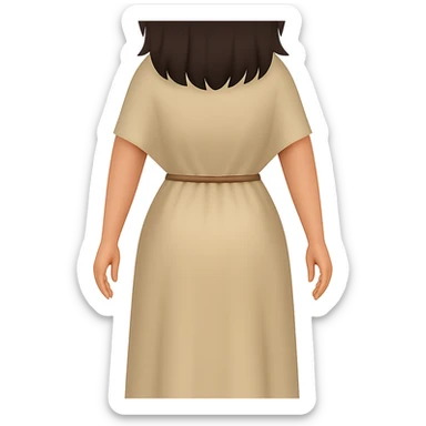 Create a back view, fullbody emoji style character with the same style and proportions as the reference image. The character should wear a plain light tan dress, have dark hair, arms by sides, and a transparent background. sticker