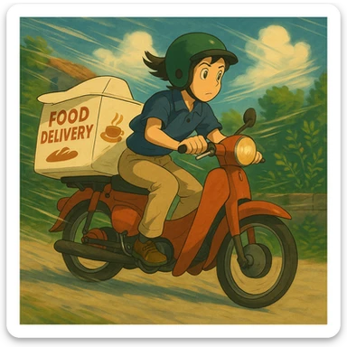 Add a wind effect to the food delivery bike, keep the ghibli style. sticker