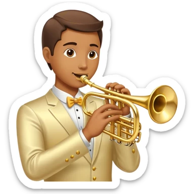 Cinematic Realistic Trumpet, polished brass with warm golden reflections, intricate valve details subtly highlighted, soft hands pressing the keys, glowing with bold and triumphant musical energy. sticker