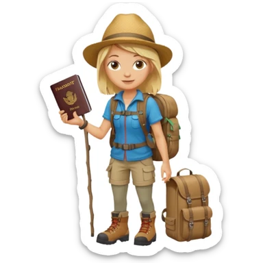 blonde haired Traveler character with passport, backpacker,  sticker
