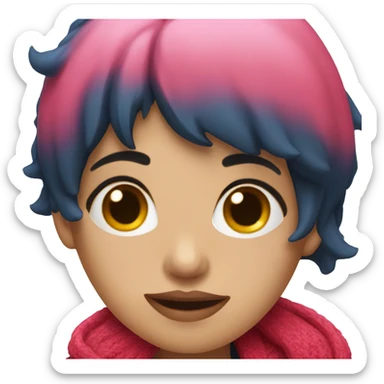 A pink woman with messy black short hair, two red horns wearing a blue cardigan sticker