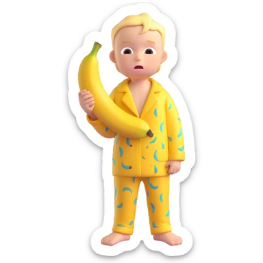 Change the boy's emotion to crying with visible tears, keeping his appearance, pose, pajamas, and the banana piece in his hand exactly the same. Maintain the same 3D cartoon style with soft, natural colors. No background (transparent). sticker
