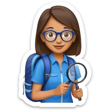 Happy woman hiker with glasses in vibrant dark blue and white outfit, backpack, holding magnifying glass sticker