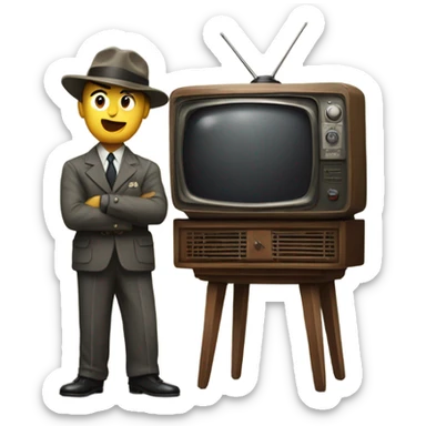detectives standing in anticipation behind a vintage TV set sticker