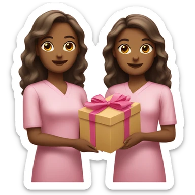 Two tan girls holding a pink small boxes sticker