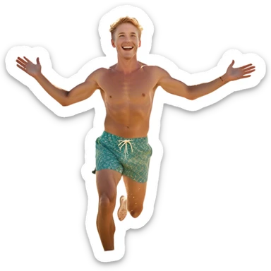 A white man running into the ocean with arms wide open, embracing the waves and the moment. The sun shines warmly, and the water sparkles, symbolizing the joy of creating fun and appreciating life’s simple moments. Their footprints in the sand fade as they fully immerse themselves in the present. sticker