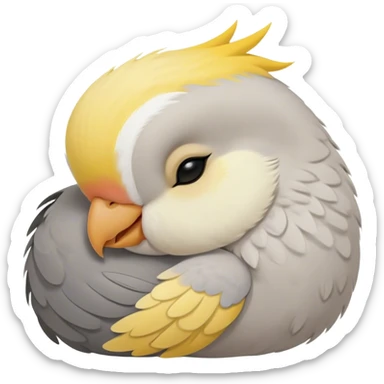 Meme-Worthy Cute Sleeping Cockatiel Portrait Emoji, Head resting peacefully with a contented smile, showcasing a delicate, slender build and a luxuriously soft grey fur with gentle yellow accents, eyes shut in a serene nap, Simplified yet hilariously adorable features, highly detailed, glowing with a soft, drowsy light, high shine, relaxed and utterly lovable, stylized with an air of playful laziness, bright and heartwarming, soft glowing outline, capturing the essence of a comically sleepy cockatiel, so meme-worthy it feels like it could instantly become the next viral sensation of adorable slumber! sticker