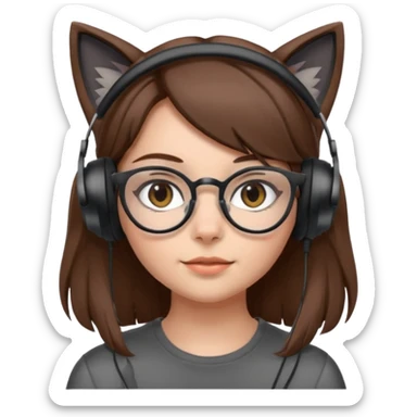 fille brune a lunette avec casque oreille de chat noir et gris sans boucle d'oreille sticker