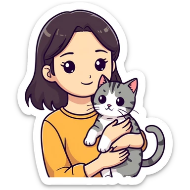Dark hair girl with a tabby cat sticker
