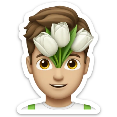man with brown hair and green eyes holding a bouquet of white tulips sticker