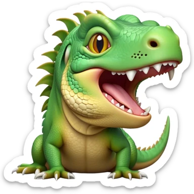 Cinematic Realistic Cute Yawning Iguana Portrait Emoji, Head tilted slightly with a dramatic, wide-open yawn, showcasing a soft, textured green-scaled face with gently drooping features and half-closed, drowsy amber eyes, rendered with natural detail and subtle shadows, high shine, relaxed yet expressive, styled with a dash of tropical charm, soft glowing outline, capturing the essence of a sleepy yet affectionate iguana that appears ready to stretch out and enjoy a peaceful nap! sticker