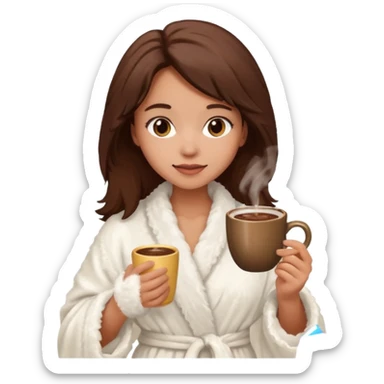 {
      "type": "human",
      "look": "fluffy robe woman, messy hair, holding cup of cocoa",
      "description": "a woman in a fluffy robe with messy hair, holding a cup of cocoa"
    } sticker
