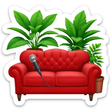 front view of a red velvet couch with a mic in front and a houseplant in the background sticker