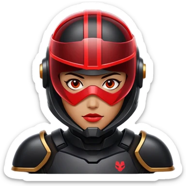 A futuristic bounty hunter in sleek black armor, glowing red visor in the dark sticker