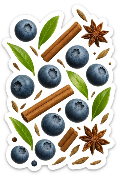 mirtilli, thè verde, spezie, fluttuano in aria, iperrealistico 4k sticker