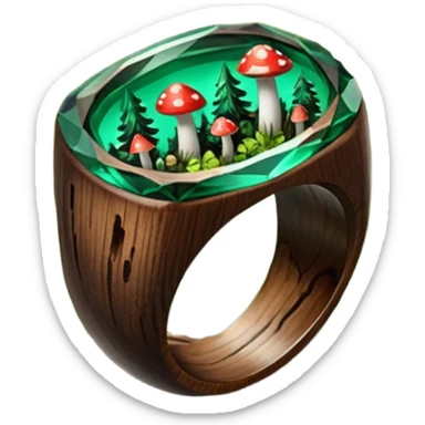 dark wood ring with epoxy resin in forest green pines and mushrooms crystal sticker