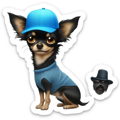 all black long haired Chihuahua held by old man with blue eyes goatee in ball cap sticker
