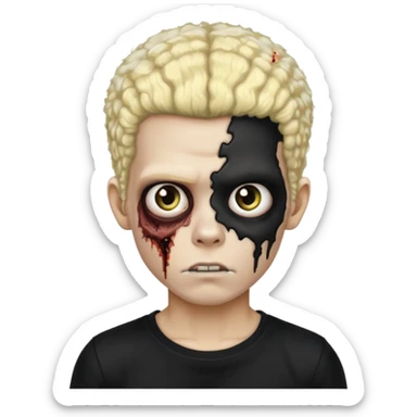 zombie boy with split blonde and black afro, black shirt sticker