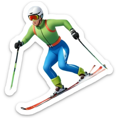 An icon featuring snowy peaks, pine trees, and a picturesque mountain landscape with a skier racing down a snow-covered slope. The sky is blue with soft clouds, capturing the thrill and beauty of alpine skiing. Transparent background highlights the excitement and serenity of winter sports. sticker