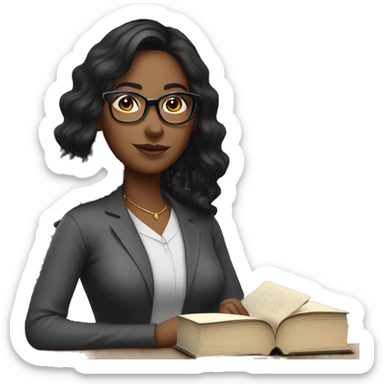 Woman teacher black long hair black glasses with book sticker