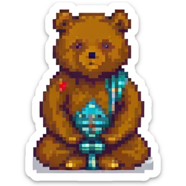 pixel art meditative bear, retro style, warm muted colors, subtle grain, nostalgic aesthetic sticker