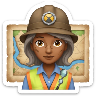Make the female archaeologist look older with visible signs of age such as wrinkles and gray streaks in her hair. Keep her brown skin, archaeologist hat, and the small map beside her. Maintain the same emoji style with a transparent background. sticker