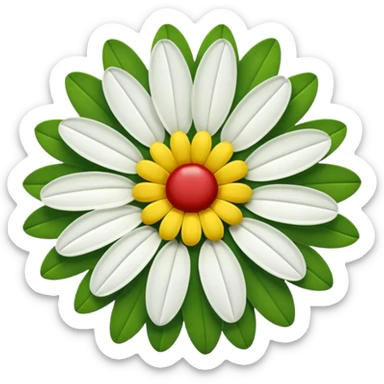 A fifteen-petalled daisy with green, red and white petals and a yellow centre.
Only the face of the daisy should be visible. sticker