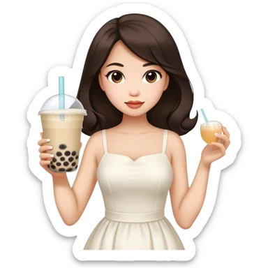 Beautiful woman in 1965’s woman fashion look, white dress, long dark brown hair, bubble tea sticker