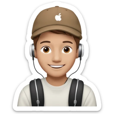 Only the head of a young guy with brown hair smiling with airpods in his ears and a cap on his head turned back. sticker
