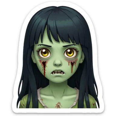 zombie girl with long black hair, bangs, and greenish skin sticker