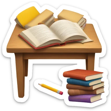 Wooden table with books and pencils on top sticker