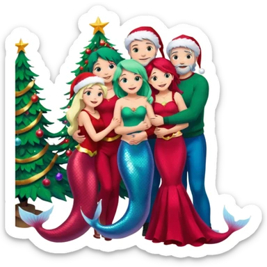 Generate Christmas-style emojis  family. Where light-skinned people stand near the tree all together, hugging and smiling.  girl should be Light-haired woman, mermaid woman, black-haired woman, and 1 man . Add 4 people: Mother, Sister, Sister, Brother  sticker