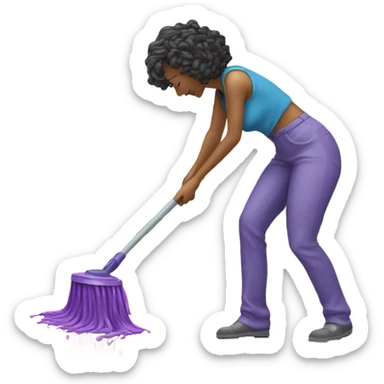 Woman cleaning kitchen with mop and purple cleaning liquid sticker