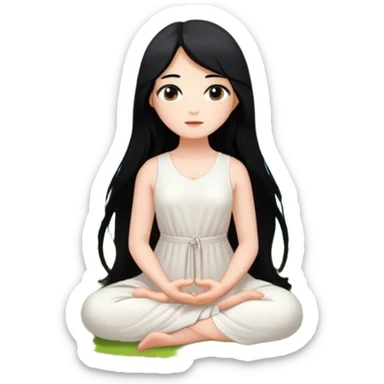 crea un chica blanca con cabello negro largo bonita de ojos marrones vestida de blanco conectando con la naturaleza rodeada de flores meditando  sticker