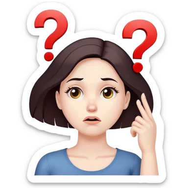 Woman with puzzled expression, scratching her head with a question mark sticker