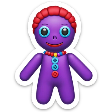 A colorful voodoo doll with bright fabrics in purple, red, and blue, with decorative buttons and pins sticking out sticker