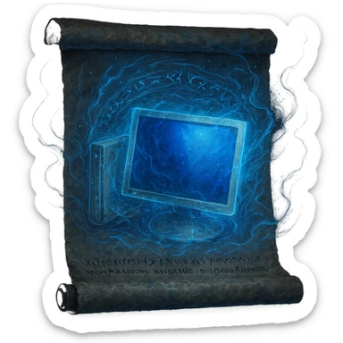 Create a variation of the Windows 'My Computer' icon as a glintstone sorcery, illustrated on a blank sorcery scroll. Use a subtle, mystical blue glow, magical runes, and glintstone energy, blending the computer into the scroll as if it were a spell. The style should evoke a mystical, ancient magical aura with transparent background, 1080 x 1080 resolution. sticker