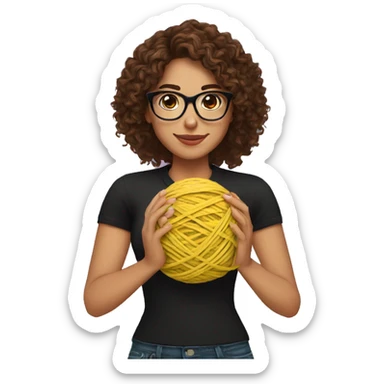 pretty Hispanic woman with long brown curly hair holding one ball of yarn with both arms wearing a black shirt and black glasses sticker