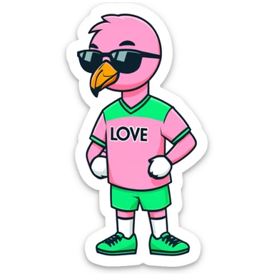 flamingo soccer player wearing sunglasses and a black and green jersey sticker