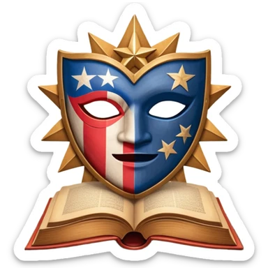 Ancient leatherbound book with prominent Puerto Rican flag star in center of cover, wooden theater masks and curtains framing the edges, warm amber glow emanating from pages, vintage textured parchment sticker