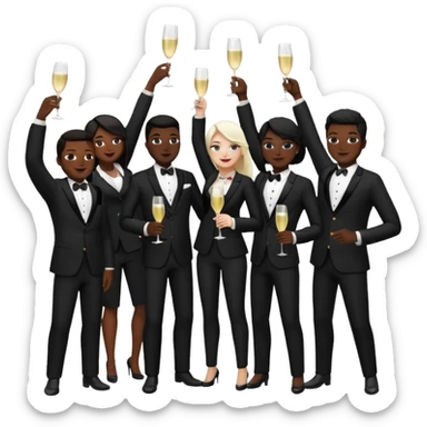 Un equipo cin trajes negros, personas blancos y negros de ventas celebrando un logro con un brindis. El fondo negro totalmente  sticker