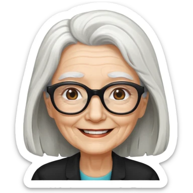 femme ridée avec de long cheveux blanc et des lunettes rectangles noir sourrir sticker