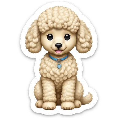 cinematic-[poodle]-realistic-full-body-sitting-emoji,-tail-resting-loosely-beside-its-paws,-head-tilted-dramatically, -curly-[cream]-fur,-simplified-yet-realistic-focused-features,-highly-detailed,-glowing-with-an-almost-sarcastic-glow sticker