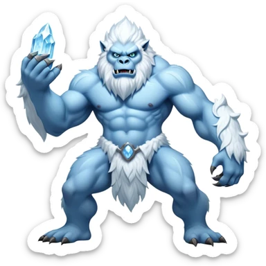 Cinematic Realistic WoW Yeti Portrait, captured in a dynamic, battle-ready stance, muscles rippling beneath dense fur of icy white and pale blue. His piercing ice-blue eyes blaze with raw power as frost clings to his form, rendered with dramatic natural lighting and high shine, exuding fierce, untamed strength in the midst of a wintry combat pose. sticker