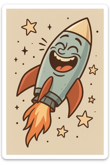 a rocket ship with a big smile, surrounded by stars, laughing, whimsical and fun, cartoon style sticker