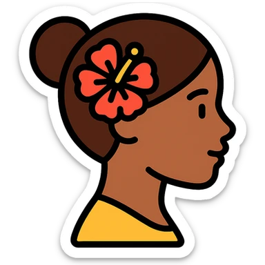 black girl side profile, brown hair in a bun, Hawaiian flower in hair sticker