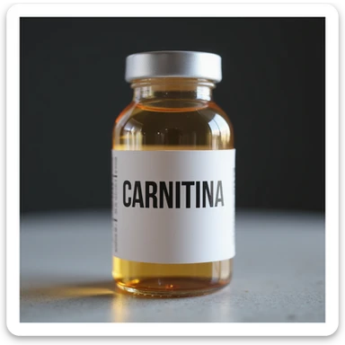hyperrealistic 4K medicinal vial with a clearly visible label showing the word 'CARNITINA' in large block letters sticker