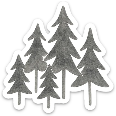 illustration of evergreen trees in folk art style, dark neutral forest color tones, watercolor texture with outlines, transparent background, suitable for favicon sticker