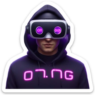 Russian man wearing a black hoodie with "OMG" letters on it and VR headset in a cyberpunk VR environment with violet neon lighting. sticker