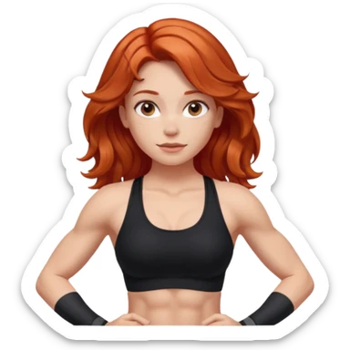 Athletic girl with long light red wavy hair and smaller boobs bigger arms. middle part and black sports bra sticker